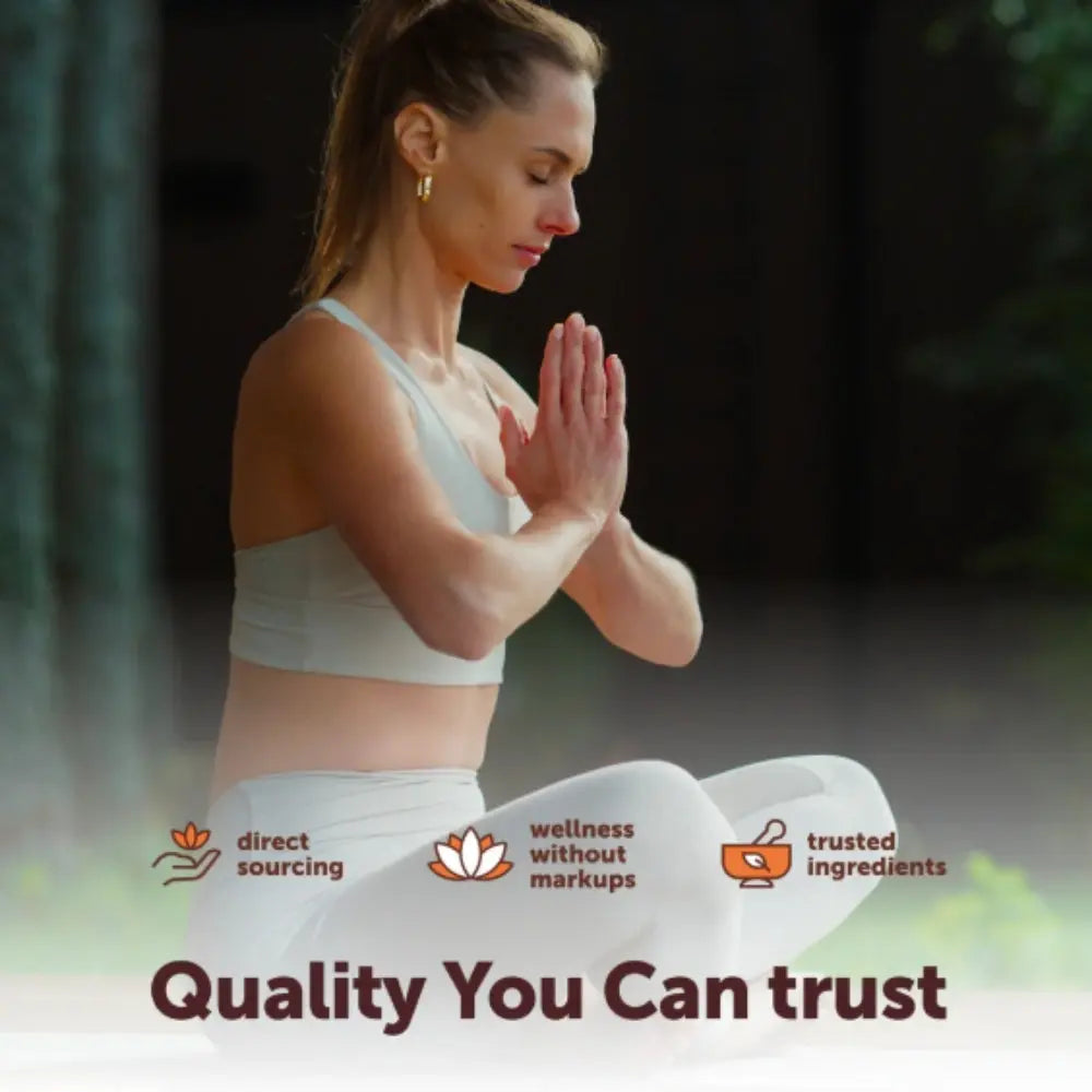 Woman in a yoga pose with a natural background and branding elements.