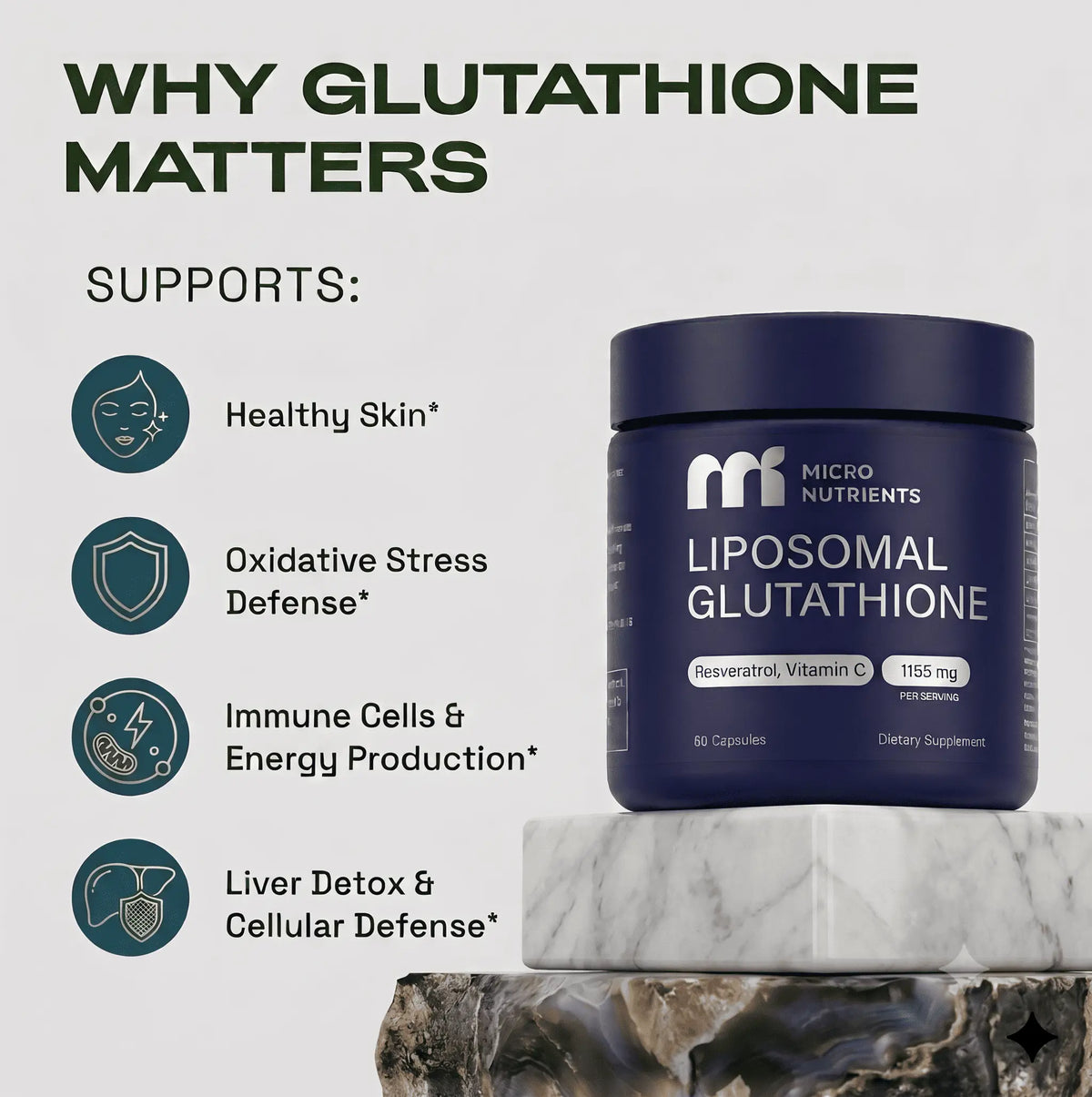 MicroNutrients Liposomal Glutathione with a list of what glutathione supports: healthy skin, oxidative stress defense, immune and energy, and liver detox