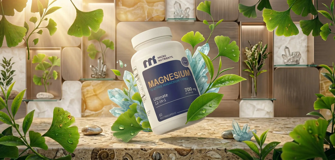 MicroNutrients 12-in-1 Magnesium Complex bottle with ginkgo leaves and crystals