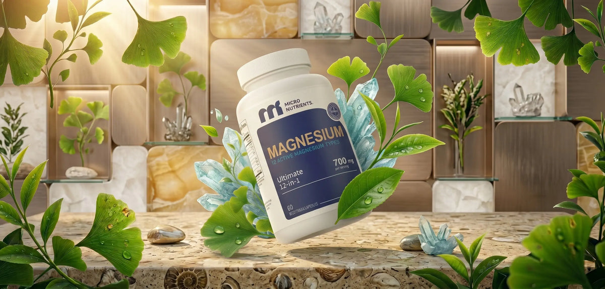 MicroNutrients 12-in-1 Magnesium Complex bottle with ginkgo leaves and crystals