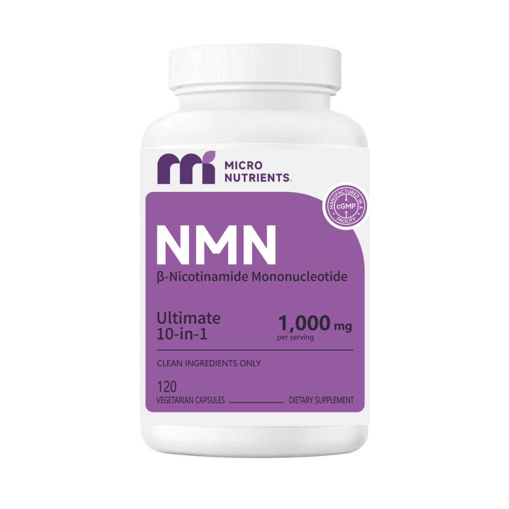 Supplement bottle labeled 'NMN' by Micro Nutrients on a white background