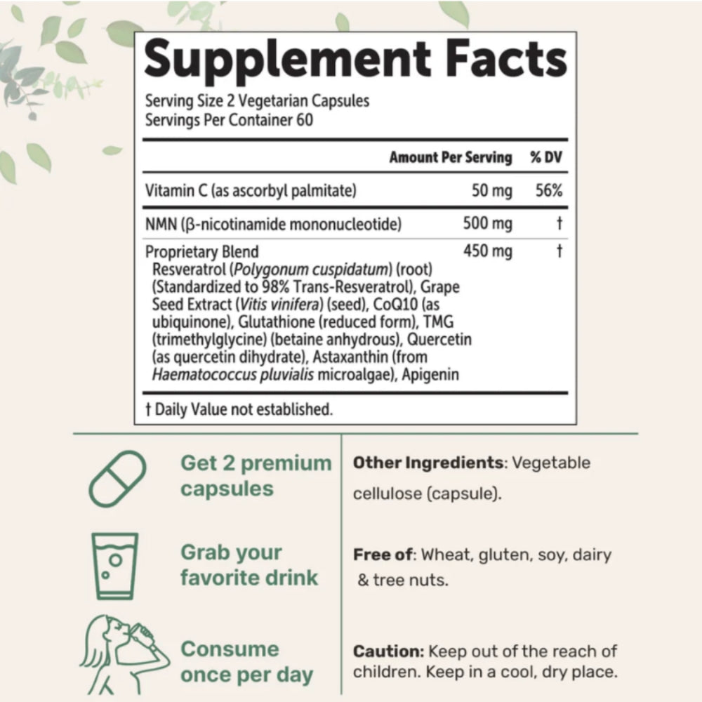 Supplement facts label with detailed ingredient list on a light background