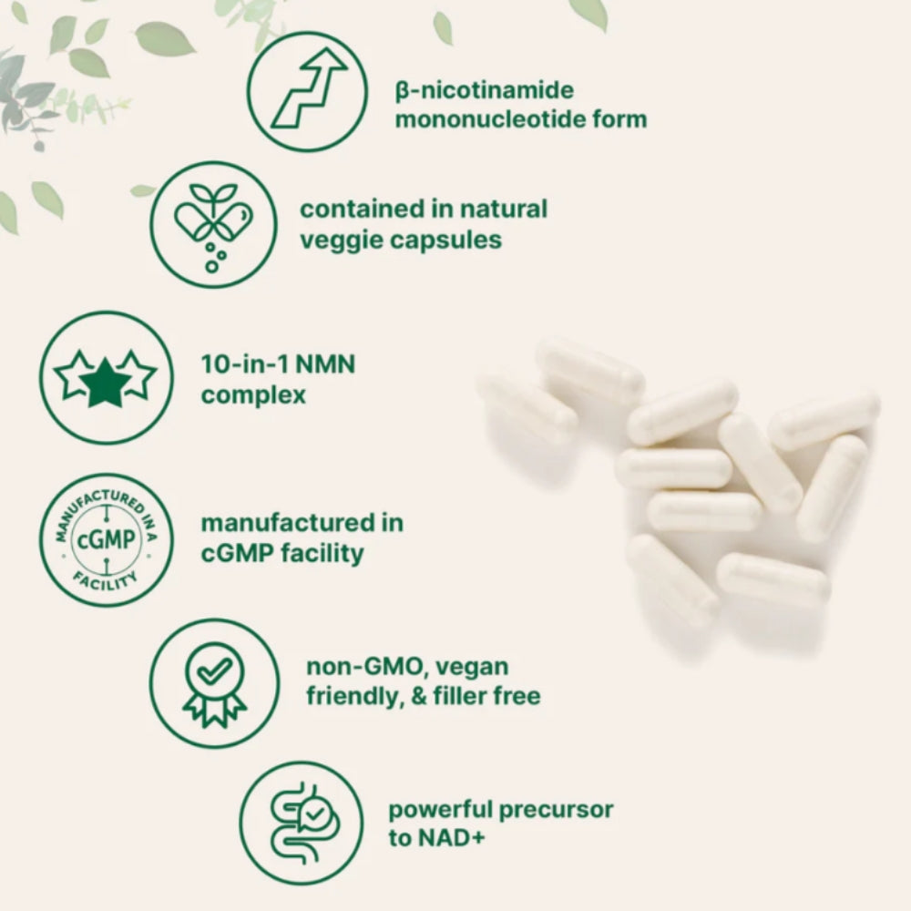White capsules with green certification icons and text on a light background