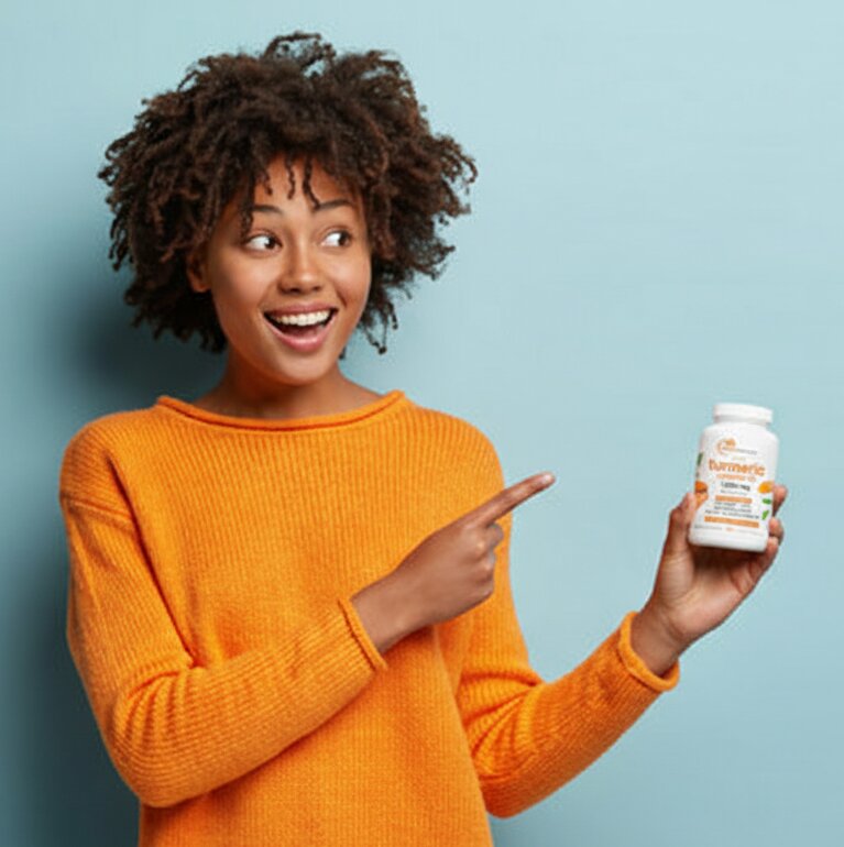 Woman in an orange sweater pointing at a bottle of turmeric against a light blue background