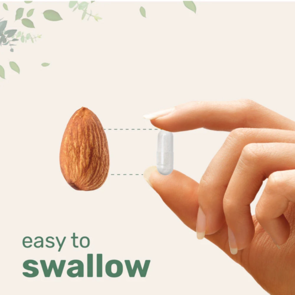 Hand holding a small pill next to an almond with text 'easy to swallow' on a light green background.