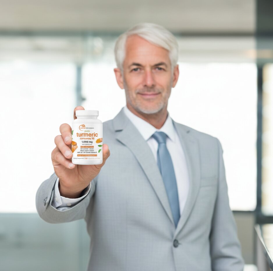 Man in a suit holding a bottle of supplements in an office setting