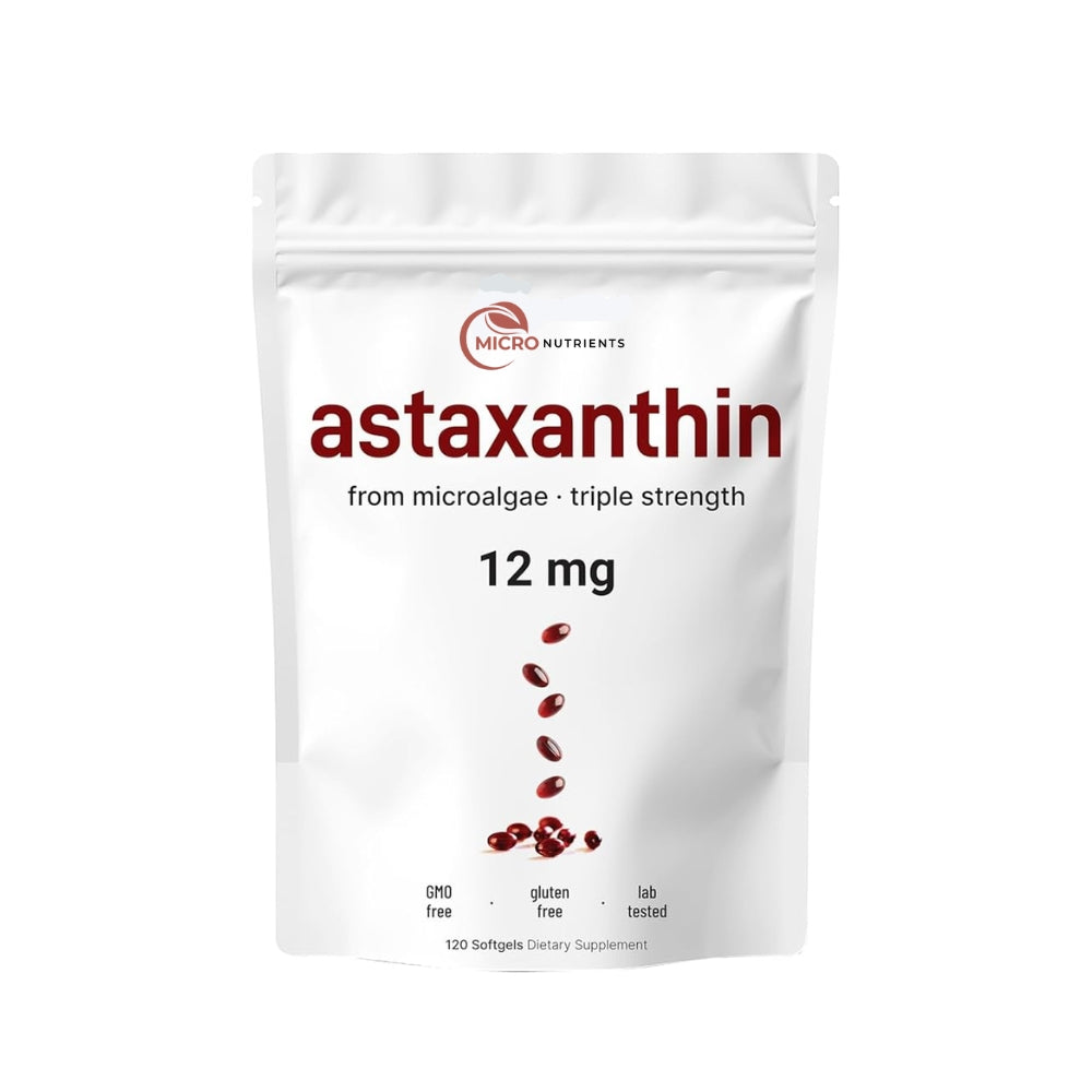 Package of astaxanthin supplement with Micro Nutrients branding on a white background
