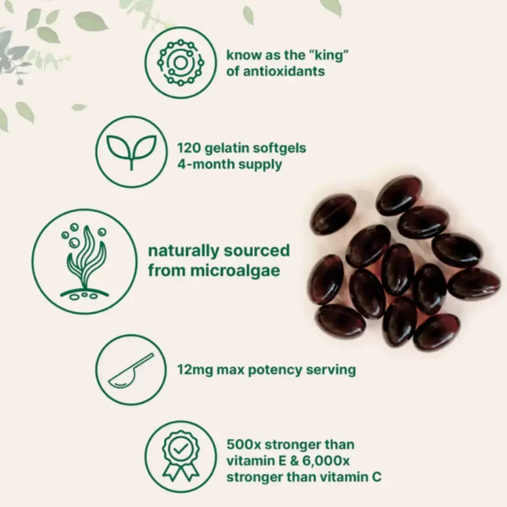Supplement capsules with health benefits text on a green background