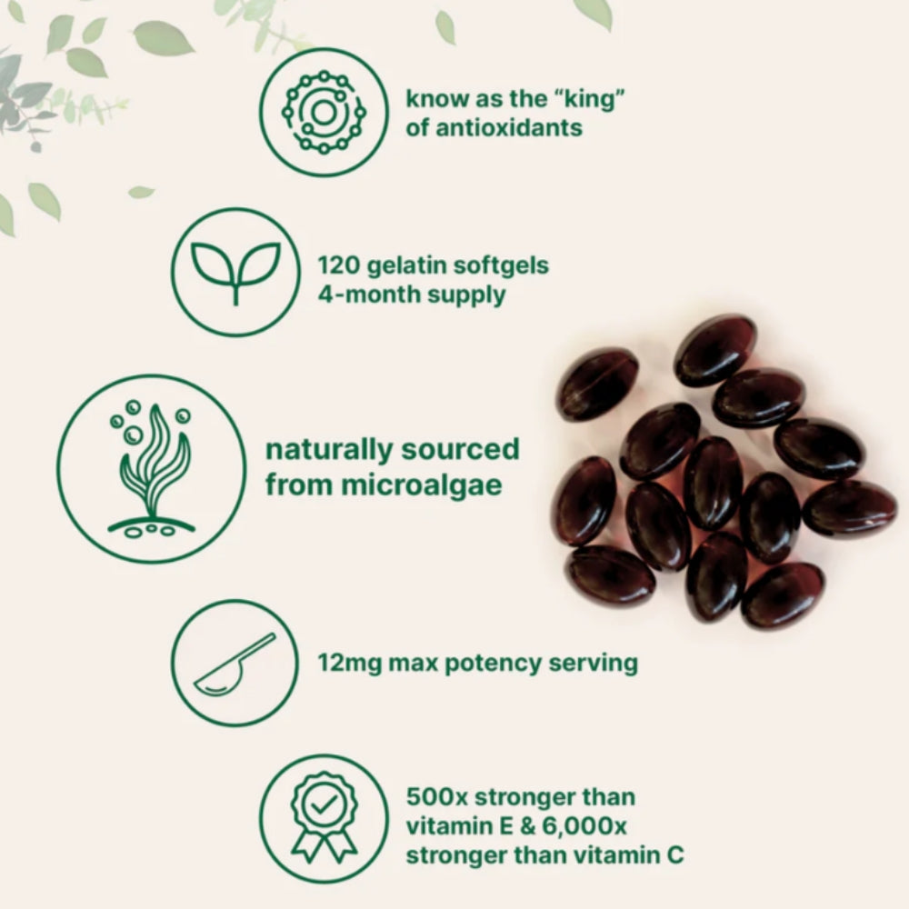 Supplement capsules with health benefits text on a green background