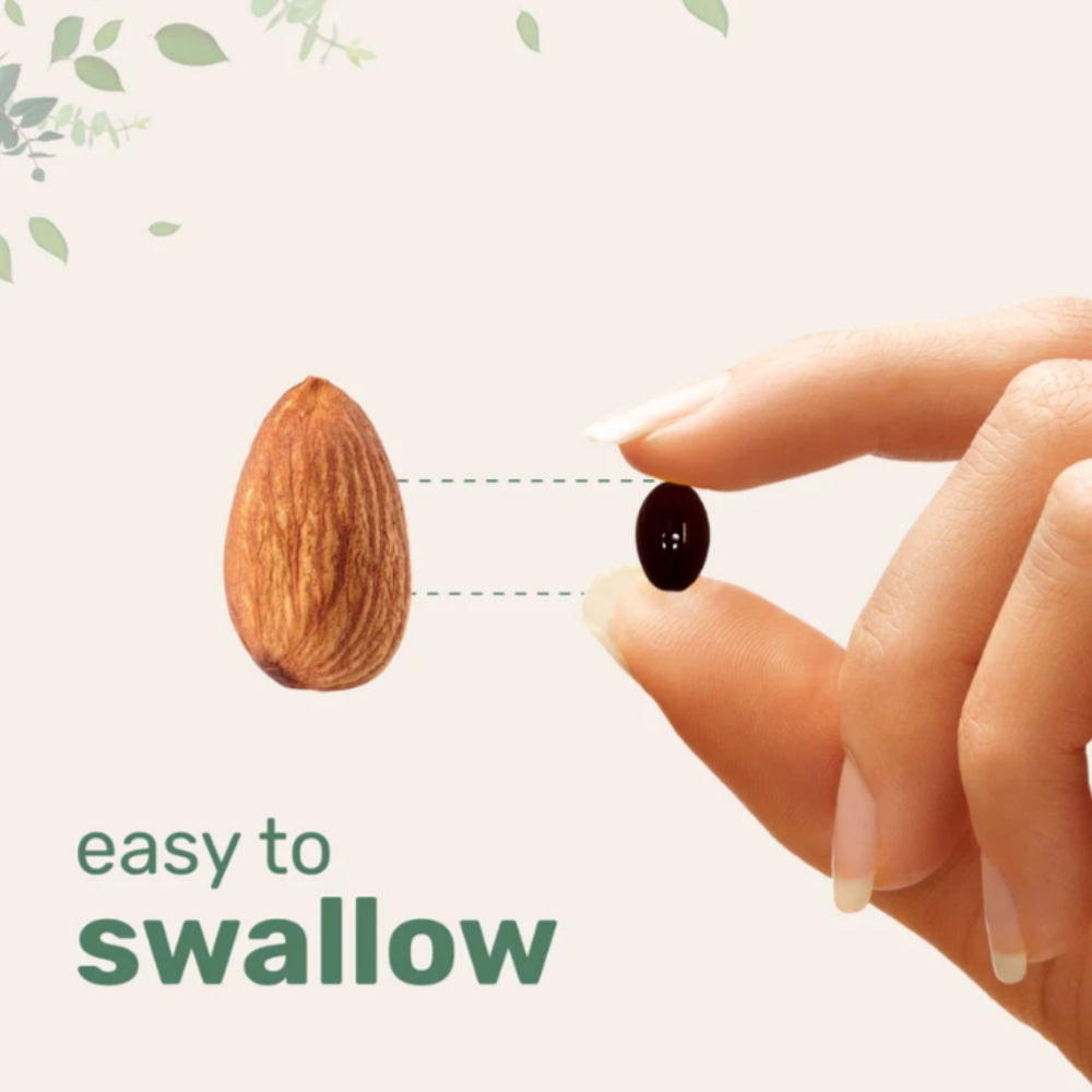 Hand holding a small black pill next to an almond with text 'easy to swallow' on a light green background.