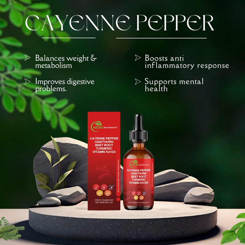 Cayenne pepper supplement bottle and packaging on a natural background