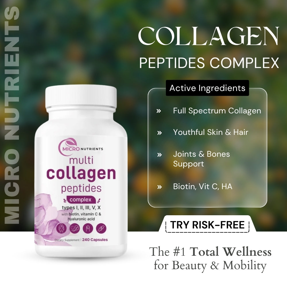 Multicollagen peptides complex bottle with product details on a blurred green background
