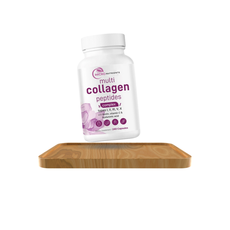 Bottle of multi collagen peptides on a wooden tray with a white background