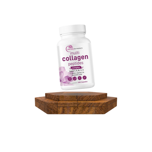 Multicollagen peptides supplement bottle on a wooden stand with a white background