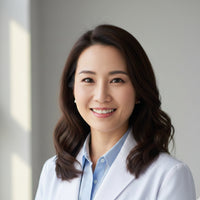 Woman wearing a white lab coat over a light blue shirt against a neutral background