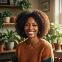Woman smiling in a cozy room with plants