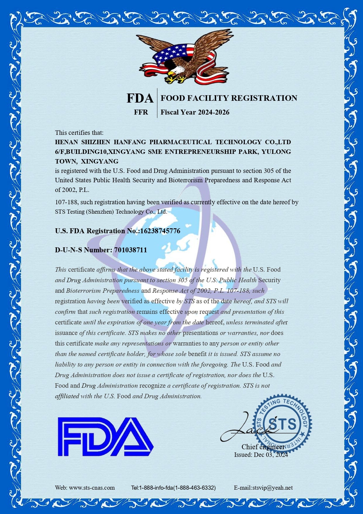 FDA Food Facility Registration certificate with blue border and U.S. flag
