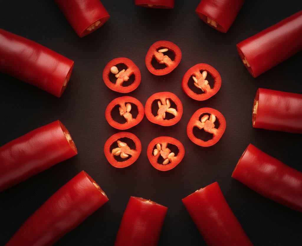Red chili peppers arranged in a circular pattern with chili flakes on a white background