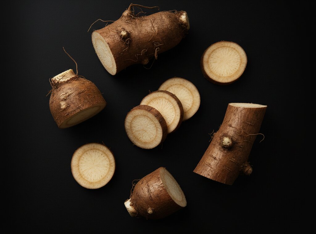 Raw burdhock roots on a white background
