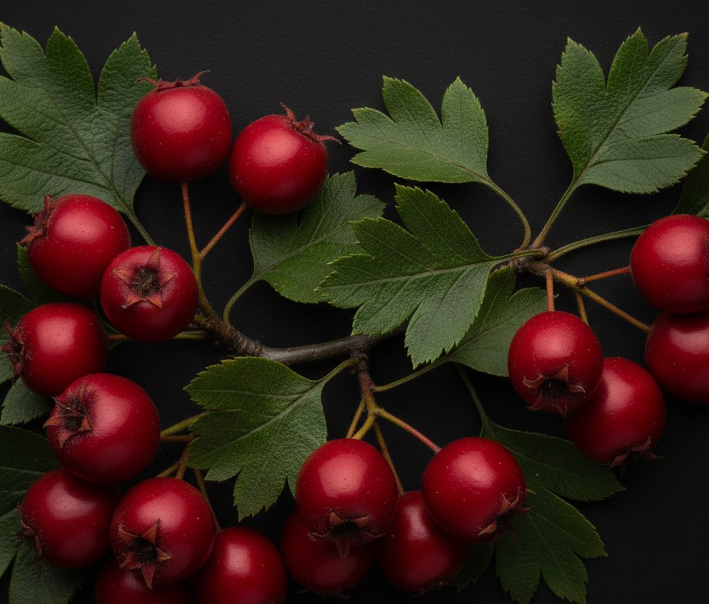 Bunch of red berries with green leaves on a white background