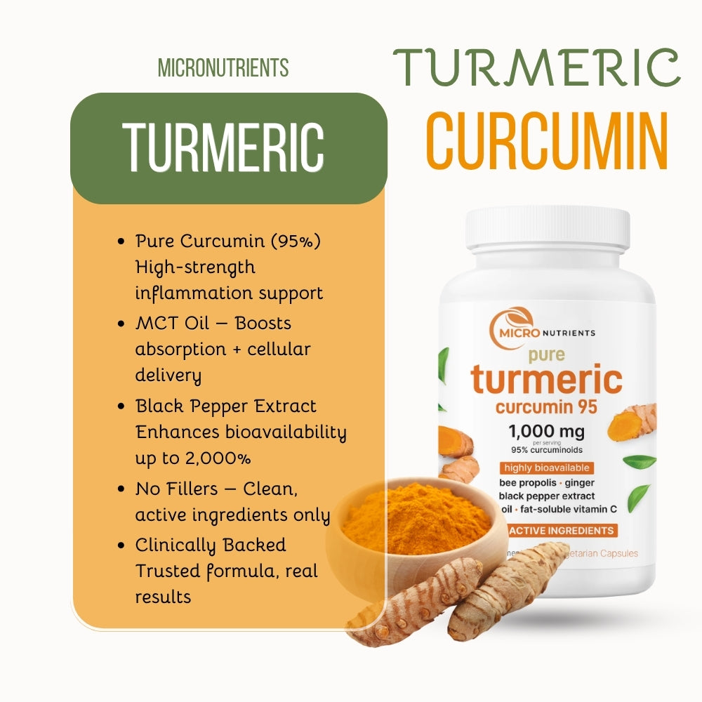 Turmeric Curcumin supplement bottle with product details on a white background