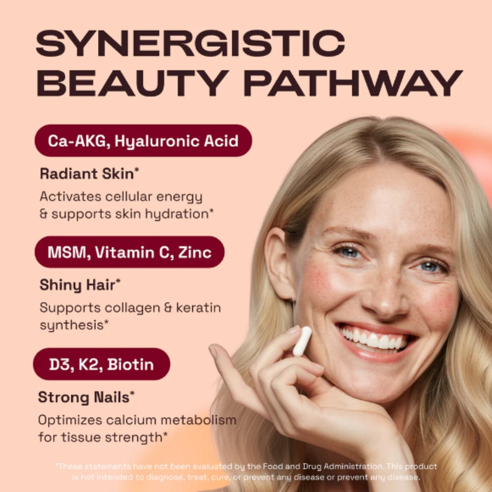 Synergistic beauty pathway with a woman's face and text on a pink background