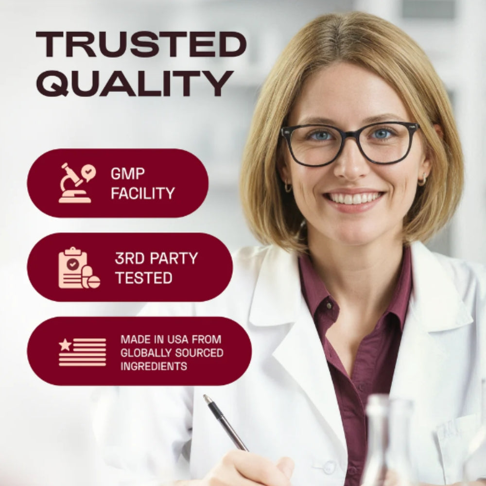 Woman in a lab coat with 'Trusted Quality' text and icons on a white background