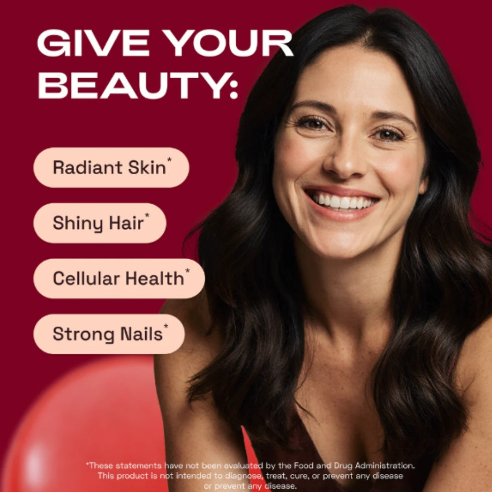 Woman with long dark hair against a red background with text about beauty products.