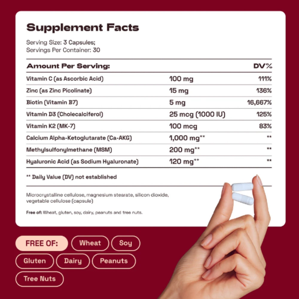 ca akg Supplement facts label with a hand holding a container on a red background