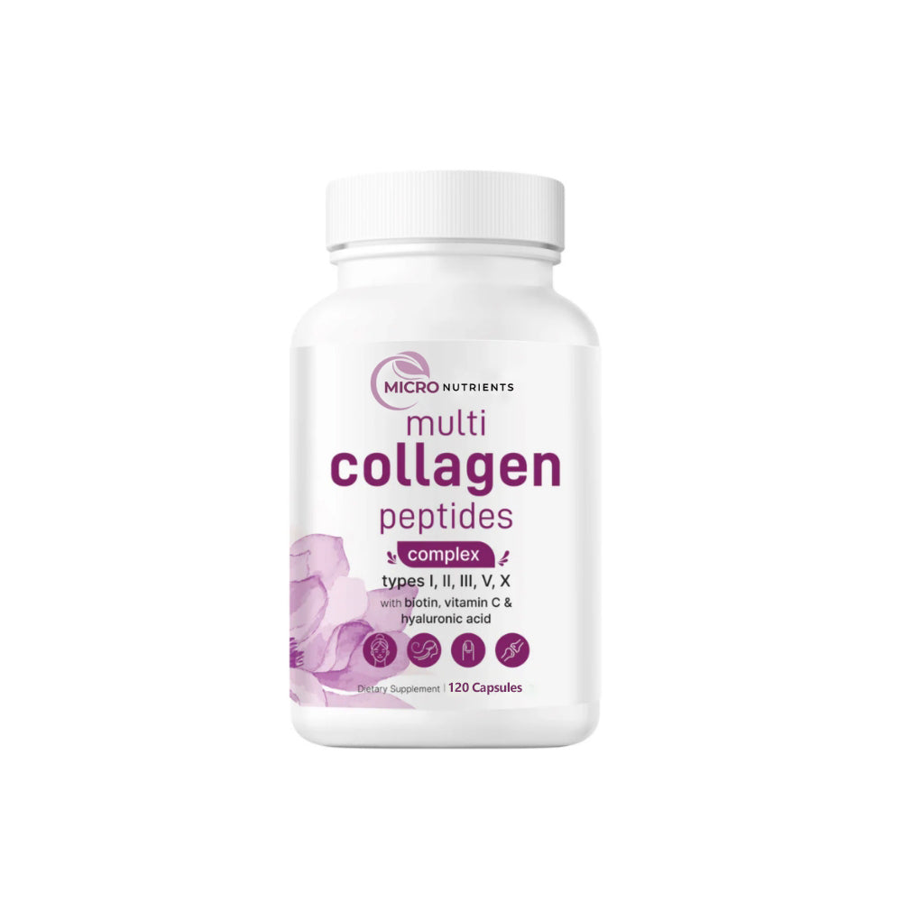 Bottle of multi-collagen peptides complex from micronutrients on a white background