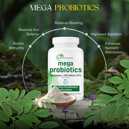Mega Probiotics supplement bottle with greenery in the background
