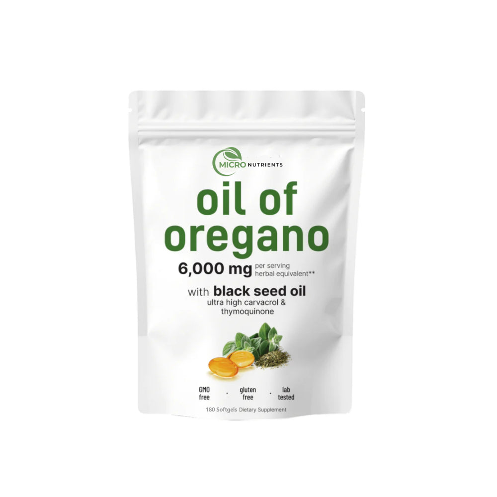 Supplement package labeled 'Oil of Oregano' with black seed oil from micronutrients on a white background