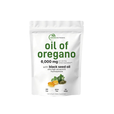 Supplement package labeled 'Oil of Oregano' with black seed oil from micronutrients on a white background