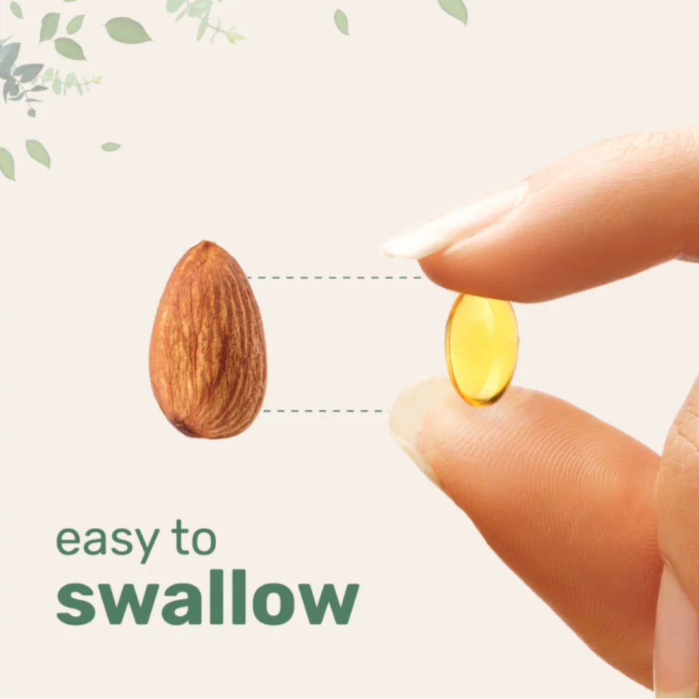 OIL OF OREGANO SOFTGEL next to an almond on a light background with 'easy to swallow' text.