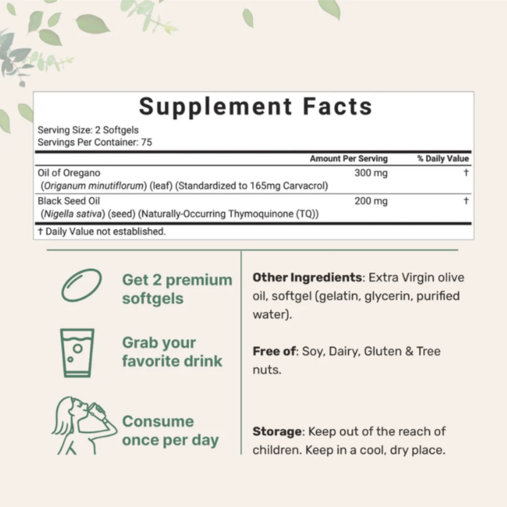 Supplement facts label with ingredients OF OIL OF OREGANO and usage instructions on a light background