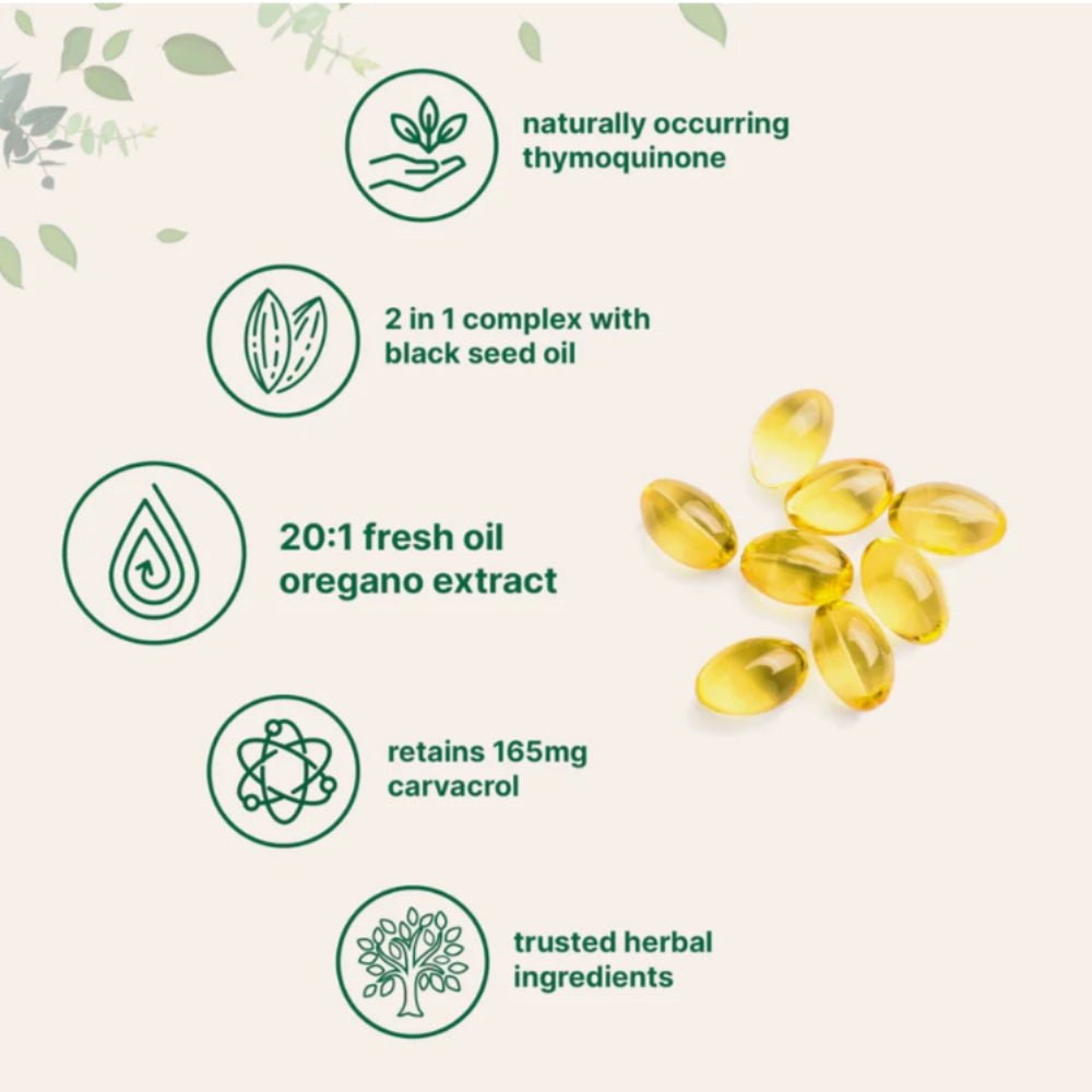 OIL OF OREGANO SOFTGELS with green icons and text on a white background