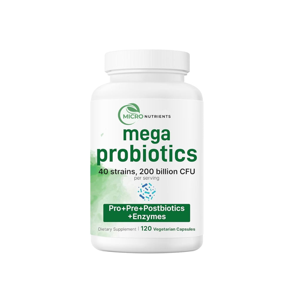 Supplement bottle labeled 'mega probiotics' with green and white design on a white background