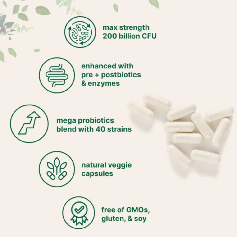 Probiotic supplement packaging with text highlighting features on a light green background.
