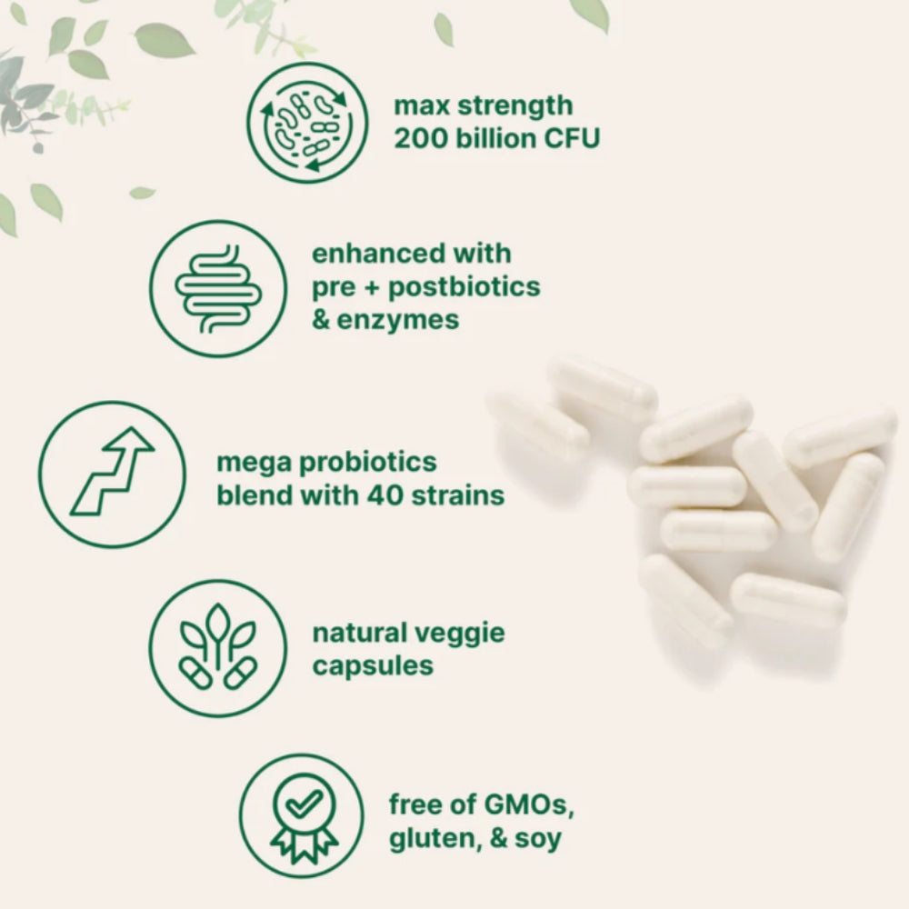 Probiotic supplement packaging with text highlighting features on a light green background.