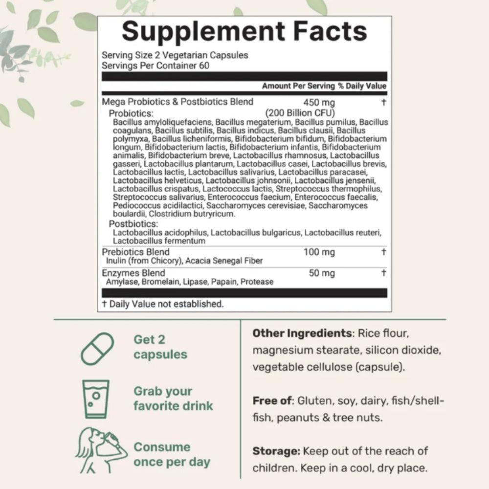 Supplement facts label for a Mega Probiotics & Postbiotics Blend with serving size, servings per container, and ingredient list.