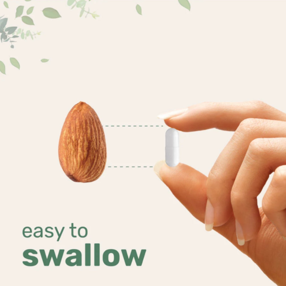 Hand holding a small pill next to an almond with text 'easy to swallow' on a light background.