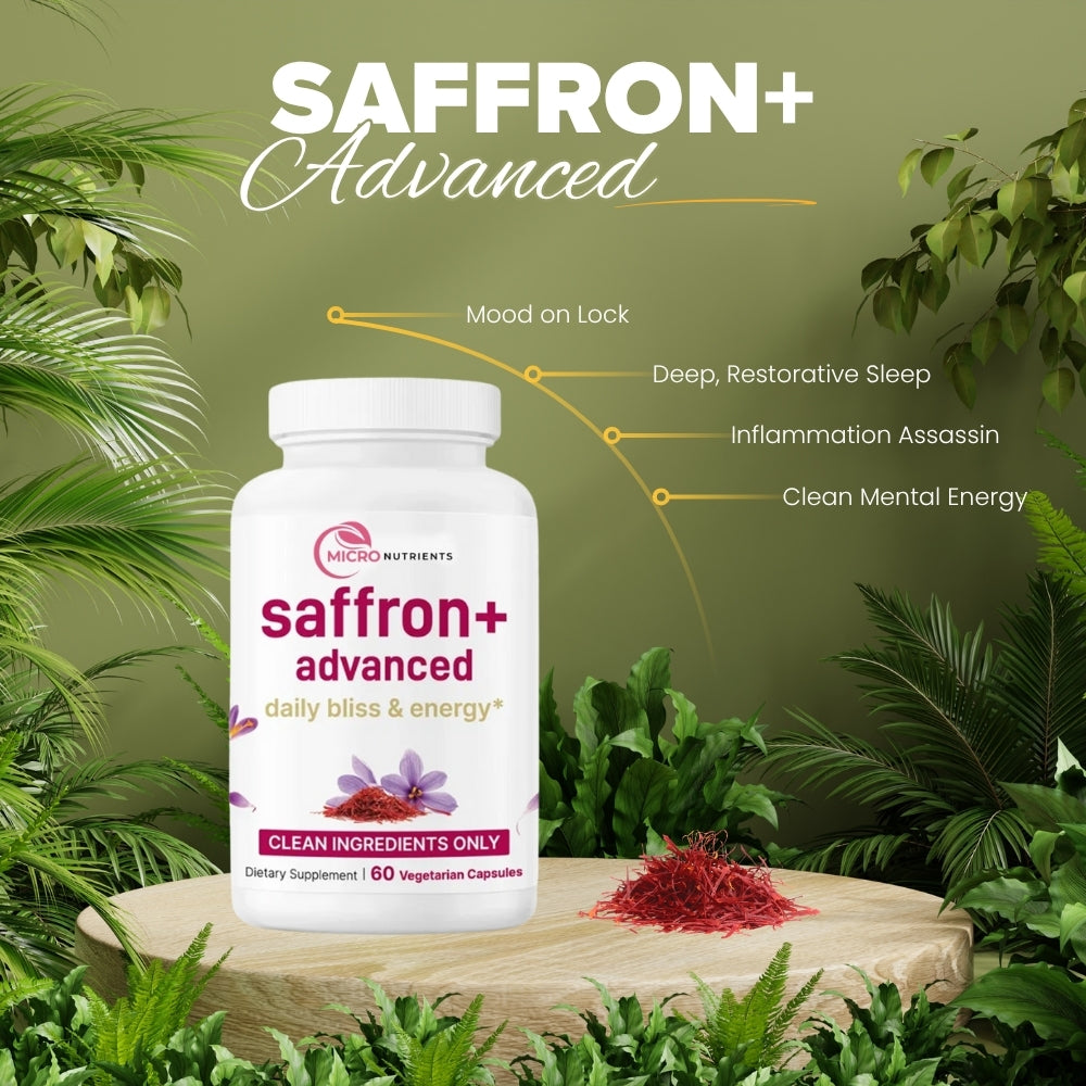 Saffron+ Advanced supplement bottle with green foliage background