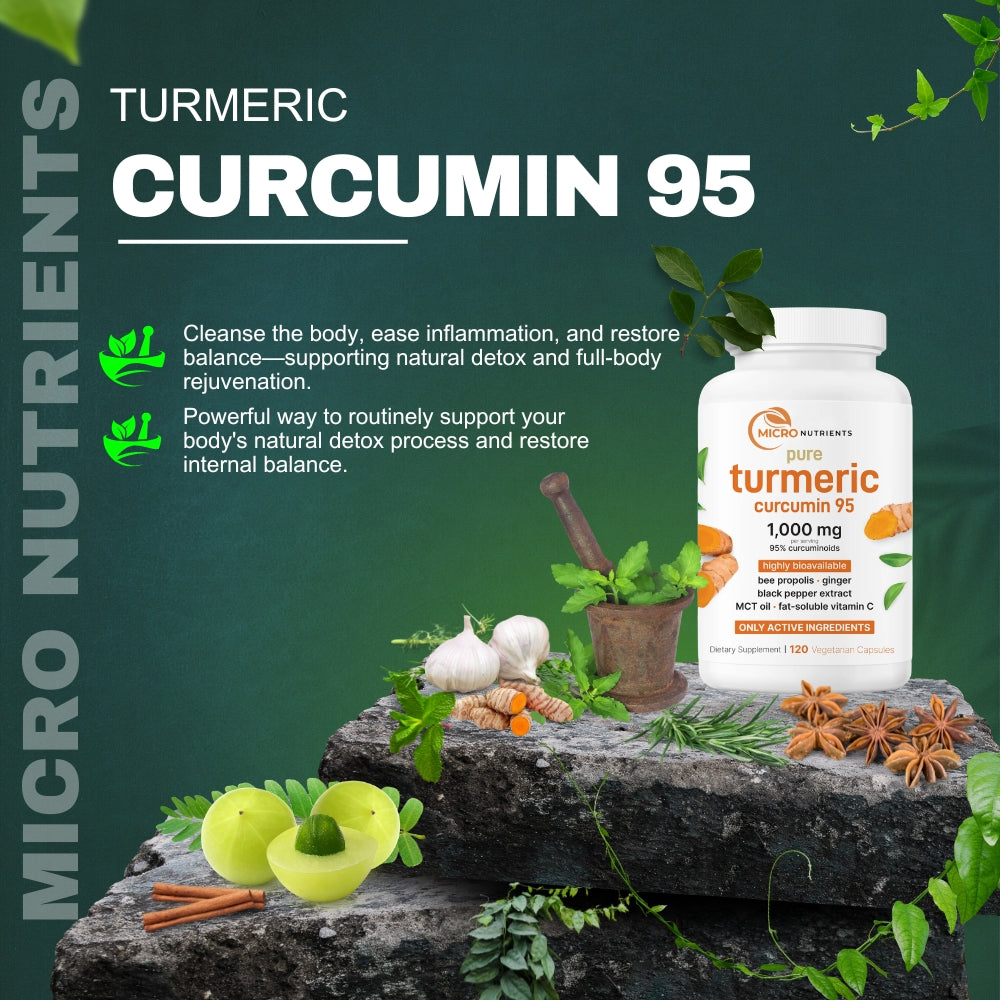 Turmeric Curcumin 95 supplement bottle with natural ingredients on a stone surface against a green background.
