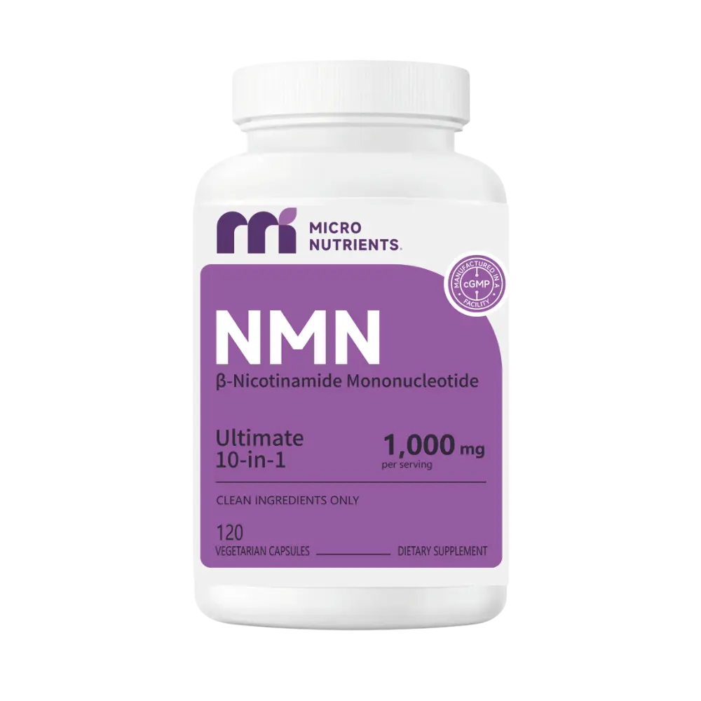 Supplement bottle labeled 'NMN' by Micro Nutrients on a white background