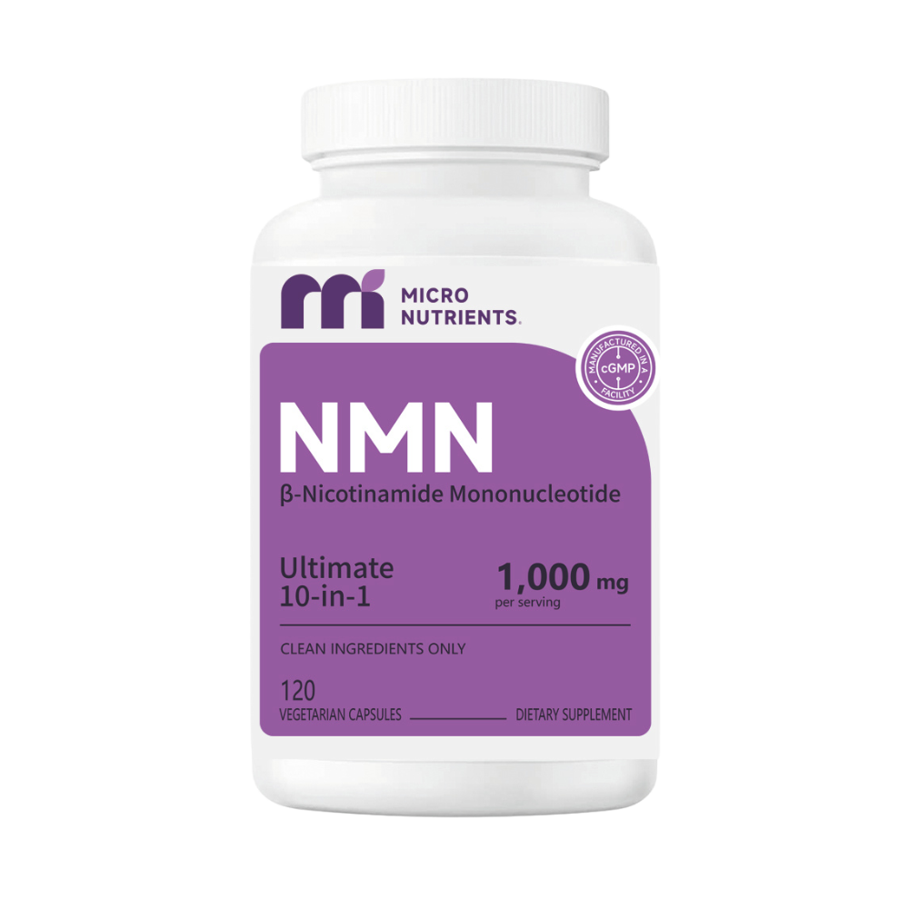 Supplement bottle labeled 'NMN' by Micro Nutrients on a white background