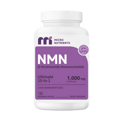 Supplement bottle labeled 'NMN' by Micro Nutrients on a white background