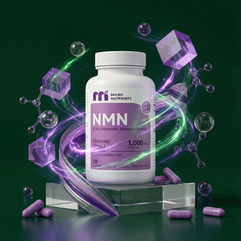 NMN supplement bottle with molecular structures on a dark green background