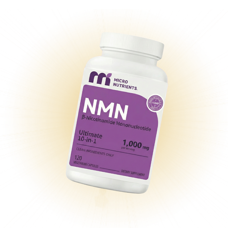 Supplement bottle labeled 'NMN' with a colorful circular border