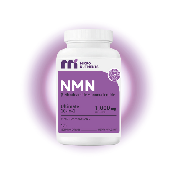NMN Supplement bottle labeled 'NMN' by Micro Nutrients on a white background