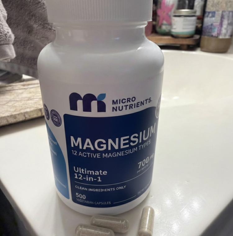 Bottle of Micro Nutrients magnesium supplement on a counter